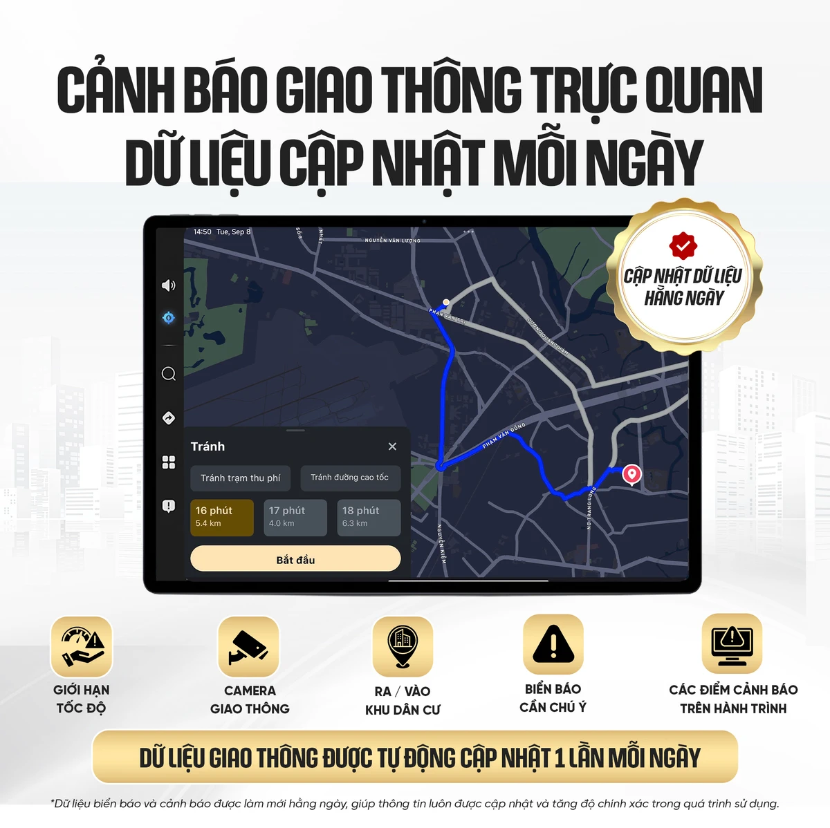 VRTECH Traffic hiển thị cảnh báo tốc độ, camera, khu dân cư và biển báo