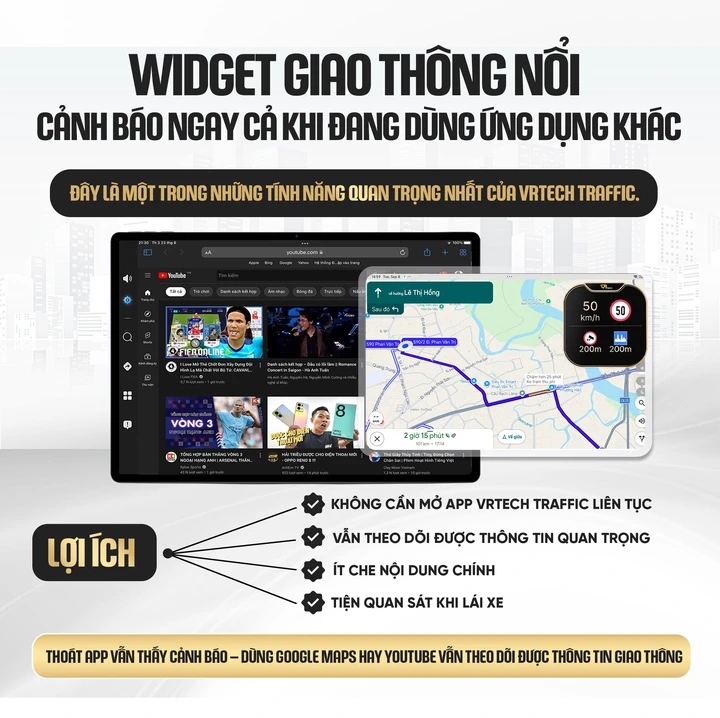 Widget giao thông nổi VRTECH Traffic hiển thị trên ứng dụng khác